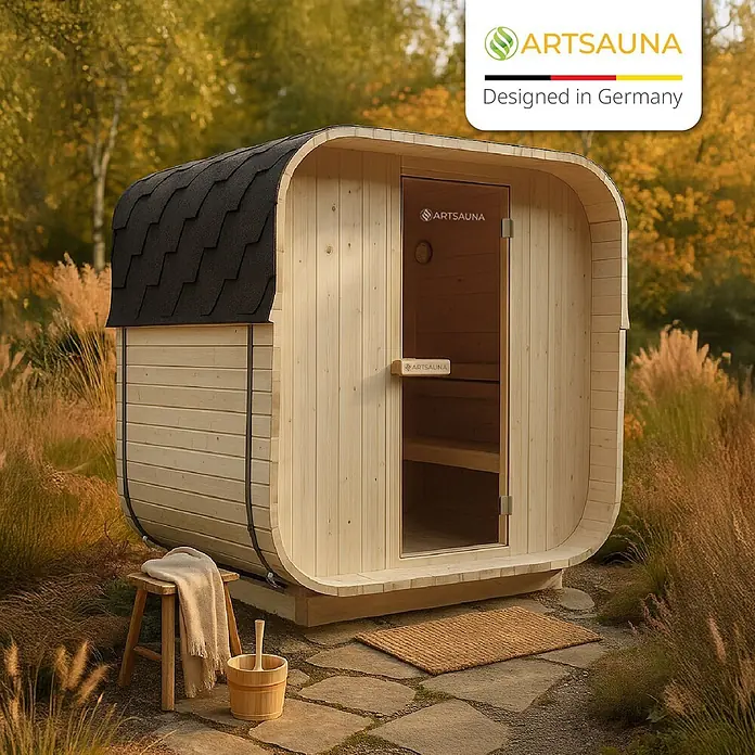 Artsauna Fasssauna Nolvik - Holz, L x B x H: 120 x 185 x 194 cm - Außenfasssauna aus hellem Holz mit schwarzem Schindeldach in herbstlicher Naturkulisse, komplett mit Sauna-Zubehör.