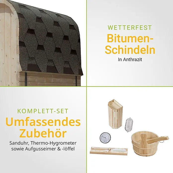 Artsauna Fasssauna Nolvik - Holz, L x B x H: 120 x 185 x 194 cm - Saunadach mit anthrazitfarbenen Bitumenschindeln und umfassendes Set an Saunazubehör aus Holz.