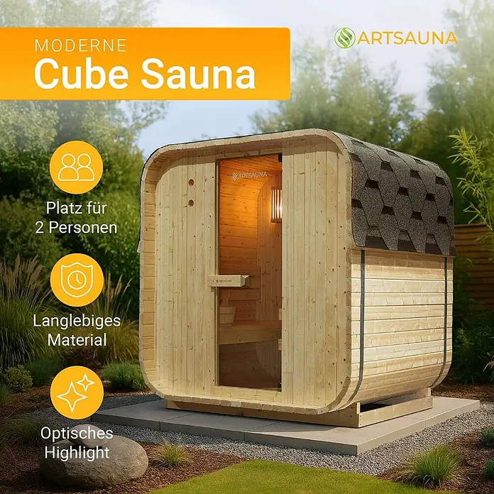 Artsauna Fasssauna Nolvik - Holz, L x B x H: 120 x 185 x 194 cm - Eine moderne, hölzerne Outdoor-Würfelsauna mit Schindeldach für 2 Personen.