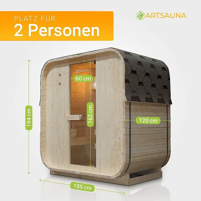 Artsauna Fasssauna Nolvik - Holz, L x B x H: 120 x 185 x 194 cm - Hölzerne Fasssauna für 2 Personen mit Schindeldach und Glastür, Maße 194x185x120 cm.