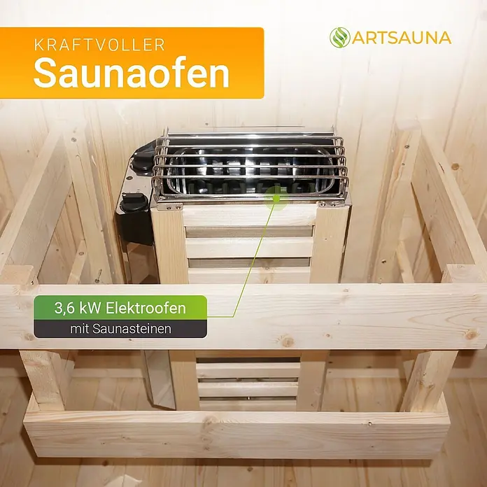 Artsauna Fasssauna Nolvik - Holz, L x B x H: 120 x 185 x 194 cm - 3,6 kW Edelstahl Elektro-Saunaofen mit Saunasteinen, in Holzkabine mit Schutzgitter.
