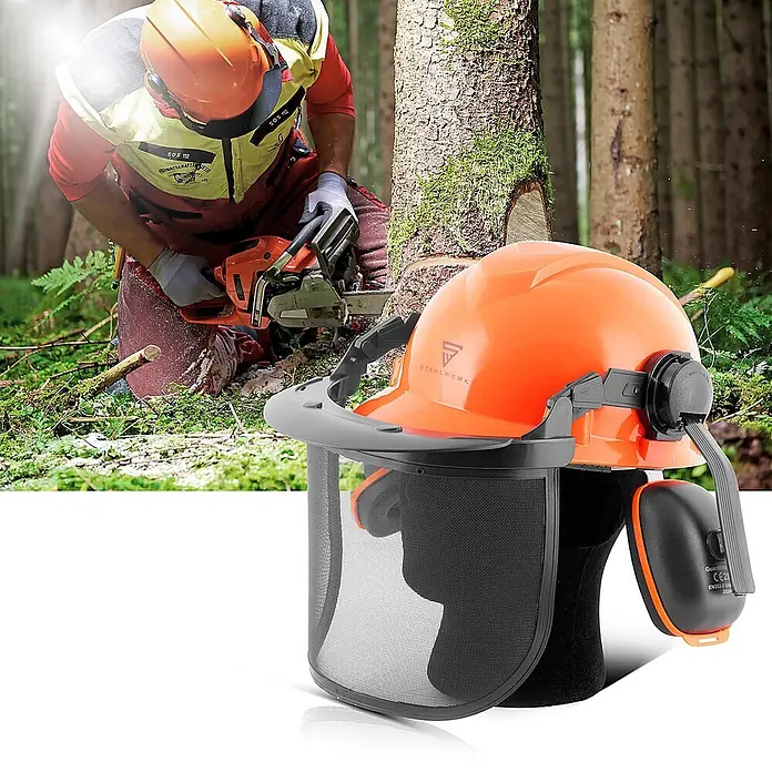 STAHLWERK Forsthelm FH-100 ST mit Visier und Gehörschutz EN397 EN352 EN1731 -  - Oranger Schutzhelm mit Drahtgittervisier und Gehörschutz, ideal für Forstarbeiten und Kettensägen.