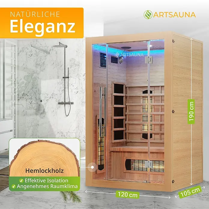 Artsauna Elementsauna - L x B x H: 105 x 120 x 190 cm - ARTSAUNA Infrarotsauna aus Hemlockholz (190x120x105 cm) bietet effektive Isolation und angenehmes Klima, abgebildet in einem Badezimmer.