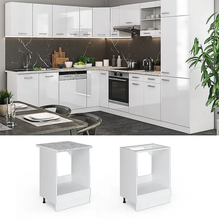 Vicco Schrankküche R-Line Weiß Hochglanz, AP Marmor - Weiß Hochglanz, Herdumbauschrank 60 cm