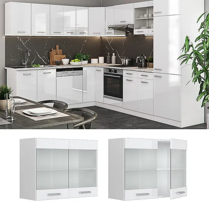 Küchenglasschrank R-Line 80 cm Weiß Hochglanz Art.-Nr. 29271 -  - Weiße Hochglanzküche mit schwarzer Marmor-Rückwand und integrierten Geräten. Zwei passende Vitrinen mit Glastüren sind daneben abgebildet.