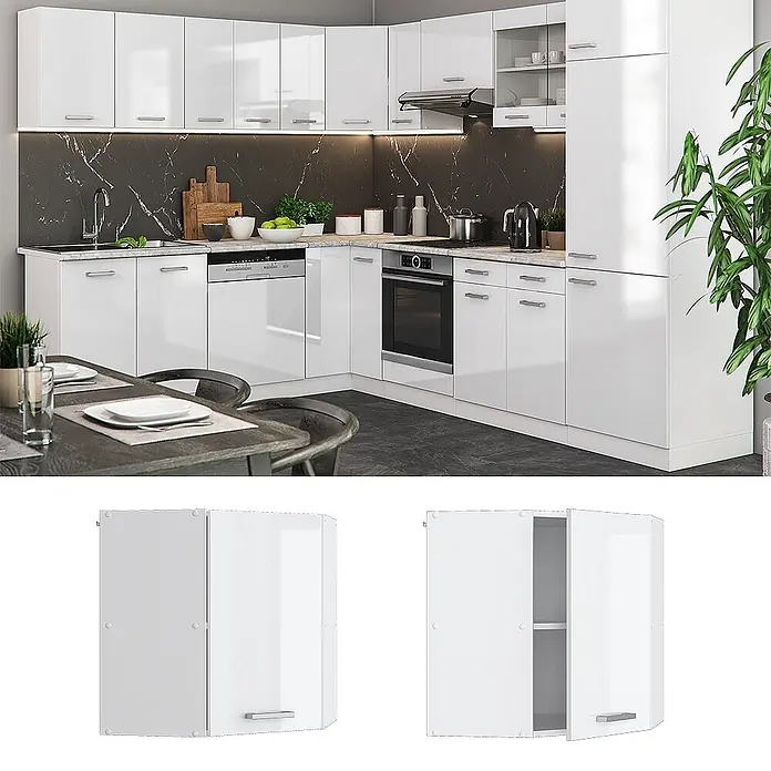 Vicco Schrankküche R-Line Weiß Hochglanz - Weiß Hochglanz, Eckhängeschrank 57 cm