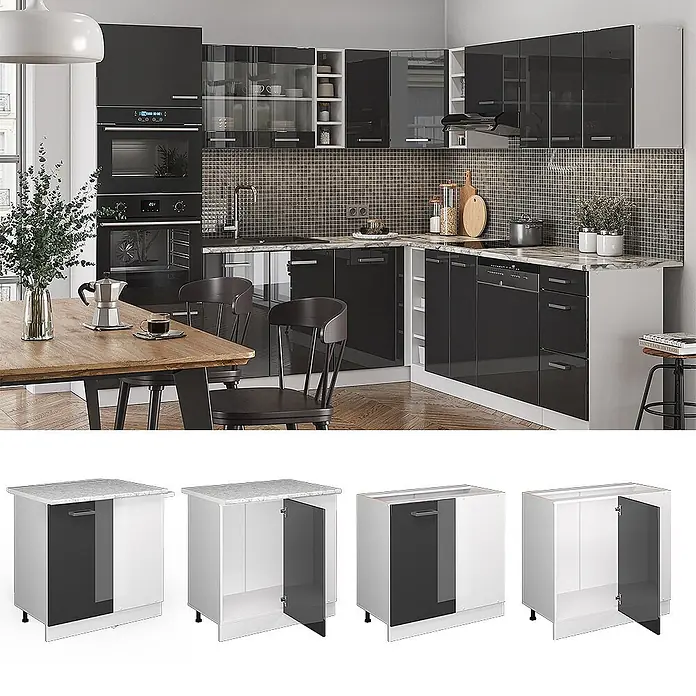 Vicco Schrankküche R-Line Anthrazit Hochglanz ohne Arbeitsplatte - Breite: 86 cm, Anthrazit Hochglanz, Eckunterschrank 86 cm - Moderne dunkelgraue Hochglanzküche mit weißen Arbeitsplatten, Unter- und Oberschränken sowie Einbaugeräten.