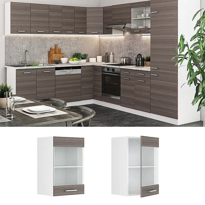 Vicco Schrankküche R-Line Edelgrau - Edelgrau, Hängeglasschrank 40 cm - Moderne L-förmige Küche mit dunklen Holzmaserung-Schränken, weißen Arbeitsplatten, integrierten Geräten und einem Essbereich.
