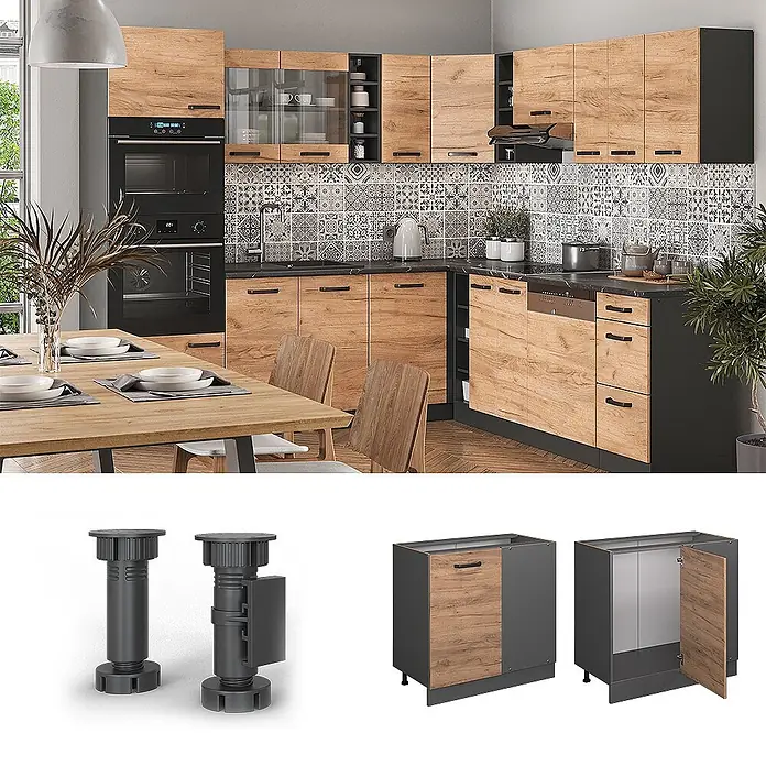 Vicco Schrankküche R-Line Goldkraft Eiche ohne Arbeitsplatte - Goldkraft Eiche, Eckunterschrank 86 cm