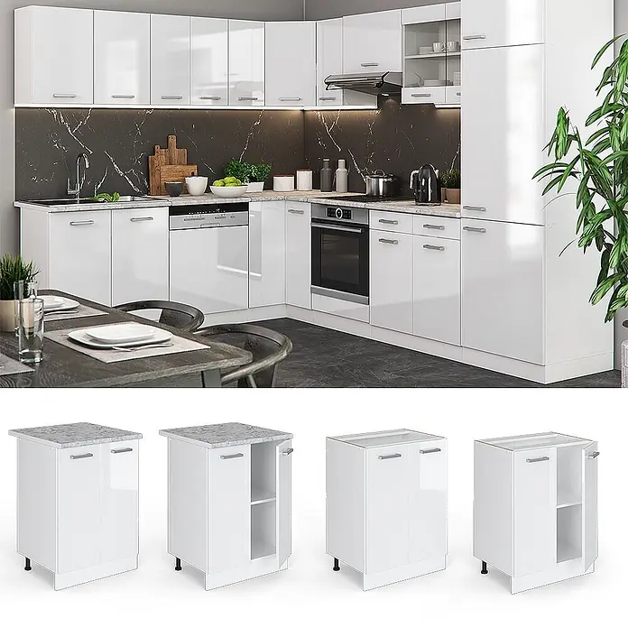 Vicco Schrankküche R-Line Weiß Hochglanz, AP Marmor - Weiß Hochglanz, Unterschrank 60 cm - Moderne hochglanzweiße Küchenmöbel in einer Wohnumgebung, mit verschiedenen einzelnen Unterschränken dargestellt.