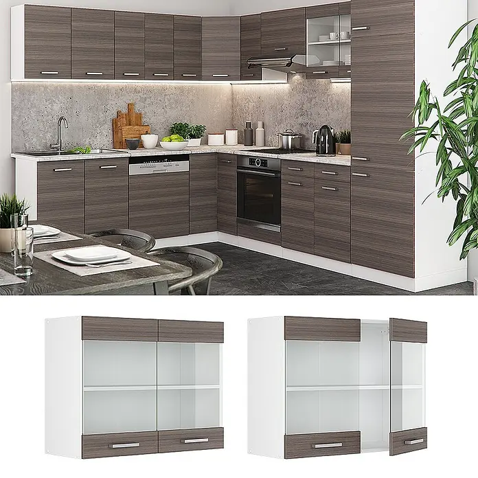 Vicco Schrankküche R-Line Edelgrau - Edelgrau, Hängeglasschrank 80 cm - Moderne Modulküche in dunkler Holzmaserung und Weiß, mit Unter- und Oberschränken sowie Glasfront-Optionen.