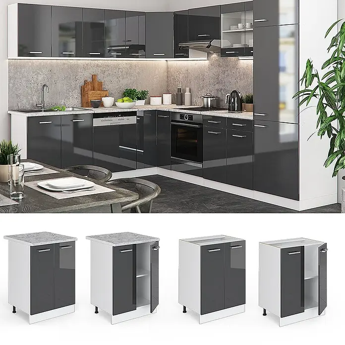 Vicco Schrankküche R-Line Anthrazit Hochglanz ohne Arbeitsplatte - Anthrazit Hochglanz, Unterschrank 60 cm - Moderne Küche mit dunkelgrauen Hochglanzschränken und hellgrauen Arbeitsplatten, L-förmig und einzelne Module darstellend.