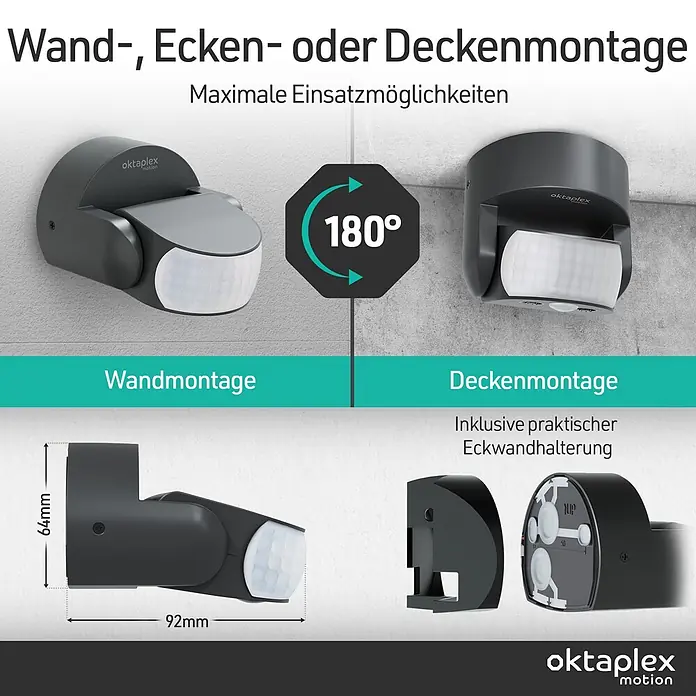 Oktaplex Motion Bewegungsmelder Bea - Reichweite Sensor: 12 m, Anthrazit, Erfassungswinkel Sensor: 180 °, L x B x H: 92 x 76 x 64 mm