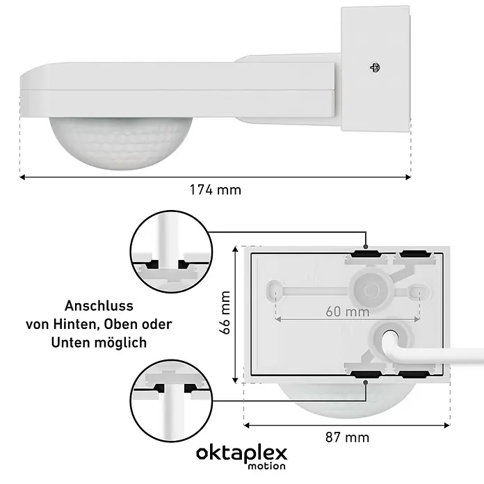 Oktaplex Motion Bewegungsmelder Tea - Reichweite Sensor: 9 m, Weiß, Erfassungswinkel Sensor: 360 °, L x B x H: 174 x 87 x 66 mm