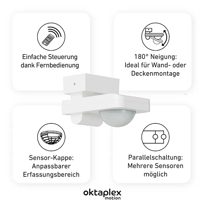 Oktaplex Motion Bewegungsmelder Tea - Reichweite Sensor: 9 m, Weiß, Erfassungswinkel Sensor: 360 °, L x B x H: 174 x 87 x 66 mm