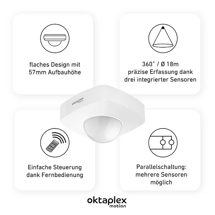 Oktaplex Motion Bewegungsmelder Tim - Reichweite Sensor: 9 m, Weiß, Erfassungswinkel Sensor: 360 °, L x B x H: 102 x 102 x 60 mm