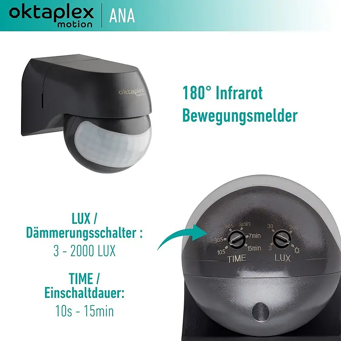 Oktaplex Motion Bewegungsmelder Ana - Reichweite Sensor: 12 m, Anthrazit, Erfassungswinkel Sensor: 180 °, L x B x H: 80 x 55 x 65 mm