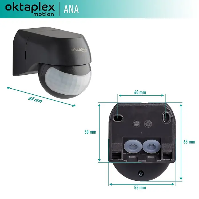 Oktaplex Motion Bewegungsmelder Ana - Reichweite Sensor: 12 m, Anthrazit, Erfassungswinkel Sensor: 180 °, L x B x H: 80 x 55 x 65 mm