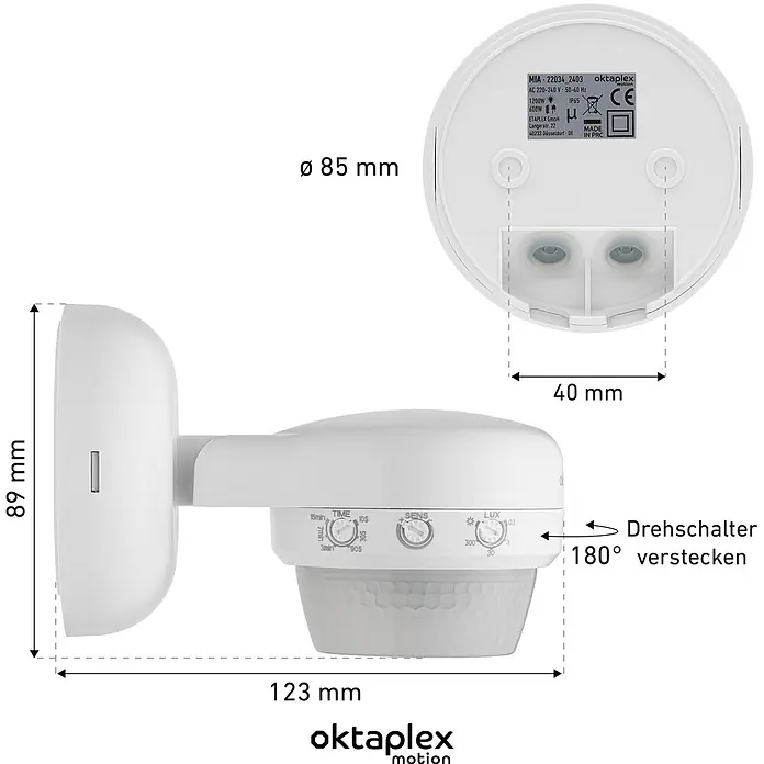 Oktaplex Motion Bewegungsmelder Mia - Reichweite Sensor: 10 m, Anthrazit, Erfassungswinkel Sensor: 360 °, L x B x H: 85 x 123 x 89 mm