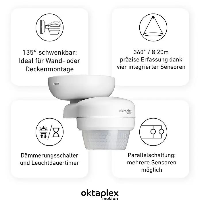 Oktaplex Motion Bewegungsmelder Mia - Reichweite Sensor: 10 m, Anthrazit, Erfassungswinkel Sensor: 360 °, L x B x H: 85 x 123 x 89 mm