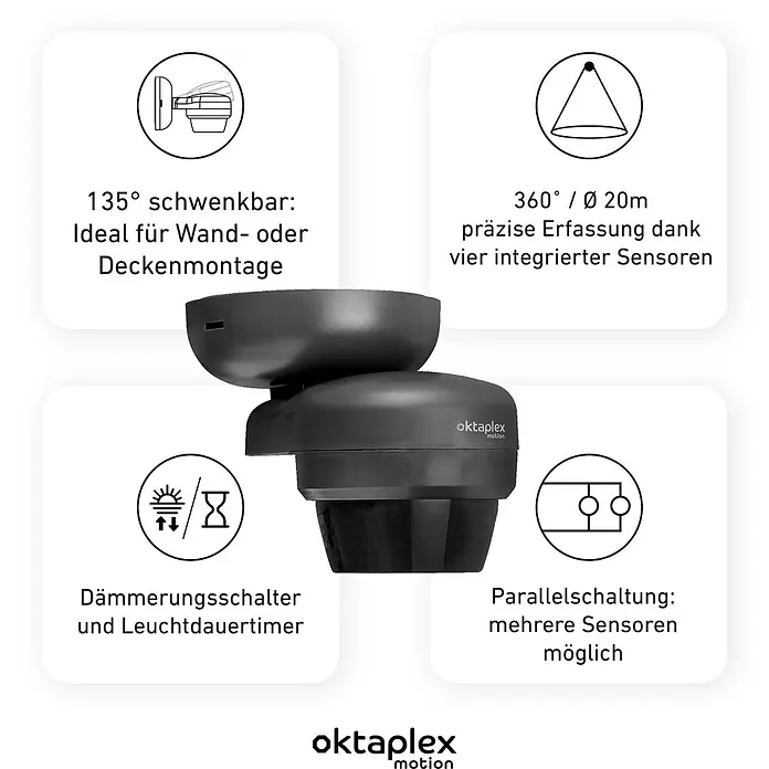 Oktaplex Motion Bewegungsmelder Mia - Reichweite Sensor: 10 m, Weiß, Erfassungswinkel Sensor: 360 °, L x B x H: 85 x 123 x 89 mm