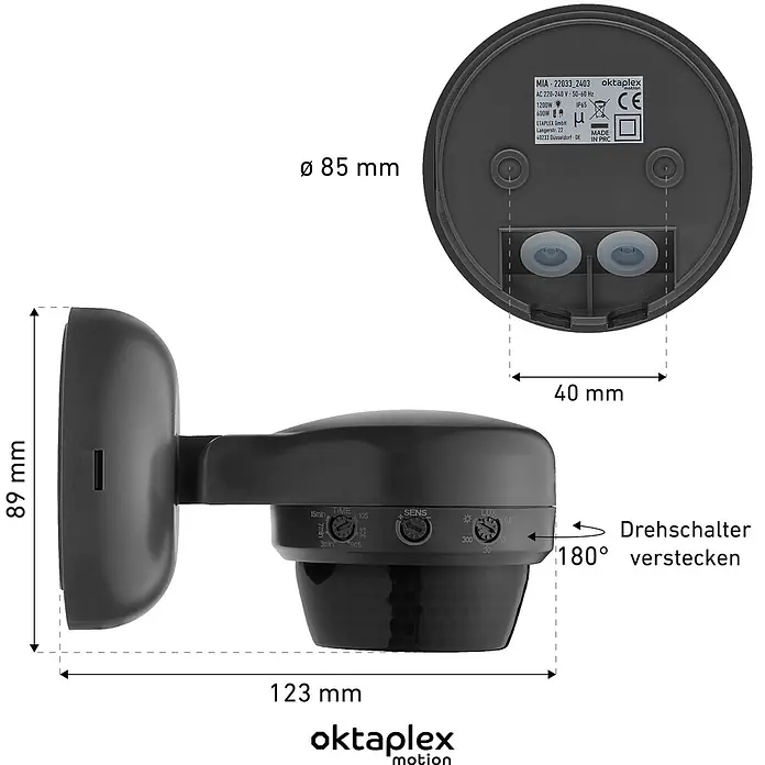 Oktaplex Motion Bewegungsmelder Mia - Reichweite Sensor: 10 m, Weiß, Erfassungswinkel Sensor: 360 °, L x B x H: 85 x 123 x 89 mm