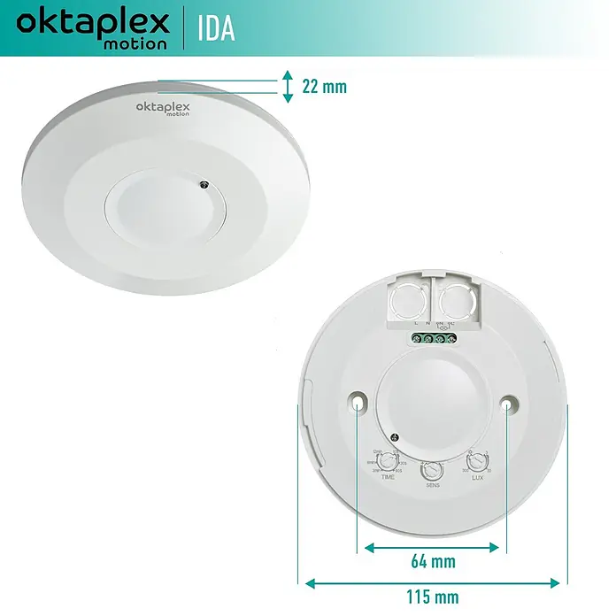 Oktaplex Motion Bewegungsmelder Ida - Reichweite Sensor: 8 m, Weiß, Erfassungswinkel Sensor: 360 °, L x B x H: 115 x 115 x 22 mm