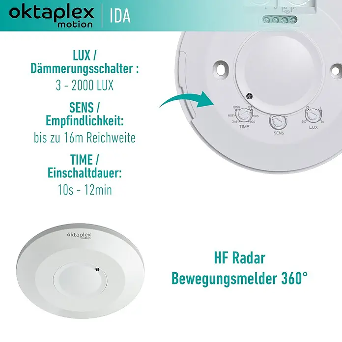 Oktaplex Motion Bewegungsmelder Ida - Reichweite Sensor: 8 m, Weiß, Erfassungswinkel Sensor: 360 °, L x B x H: 115 x 115 x 22 mm