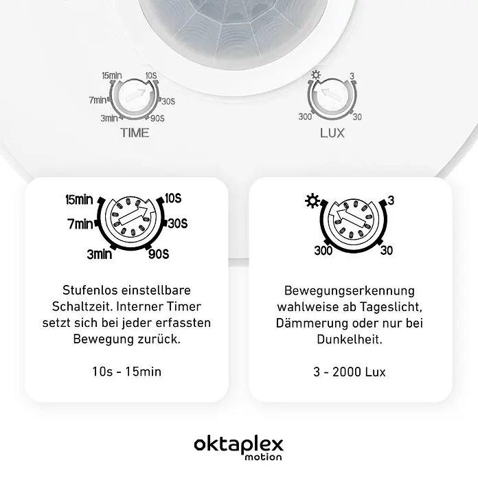 Oktaplex Motion Bewegungsmelder Ina - Reichweite Sensor: 10 m, Weiß, Erfassungswinkel Sensor: 360 °, L x B x H: 115 x 115 x 24 mm