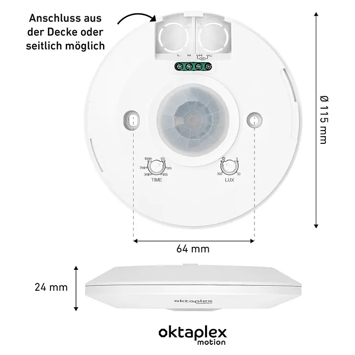 Oktaplex Motion Bewegungsmelder Ina - Reichweite Sensor: 10 m, Weiß, Erfassungswinkel Sensor: 360 °, L x B x H: 115 x 115 x 24 mm