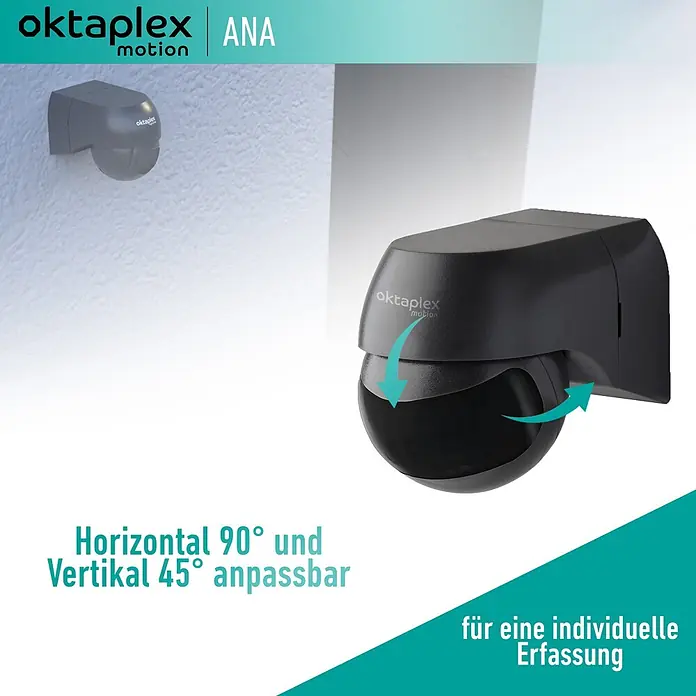 Oktaplex Motion Bewegungsmelder Ana - Reichweite Sensor: 10 m, Schwarz, Erfassungswinkel Sensor: 180 °, L x B x H: 80 x 55 x 65 mm