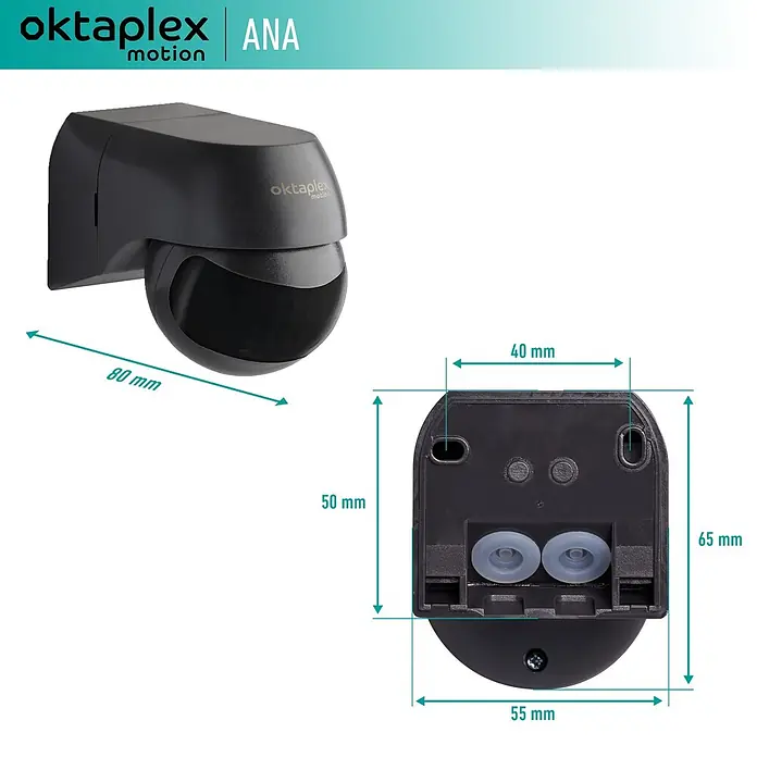 Oktaplex Motion Bewegungsmelder Ana - Reichweite Sensor: 10 m, Schwarz, Erfassungswinkel Sensor: 180 °, L x B x H: 80 x 55 x 65 mm