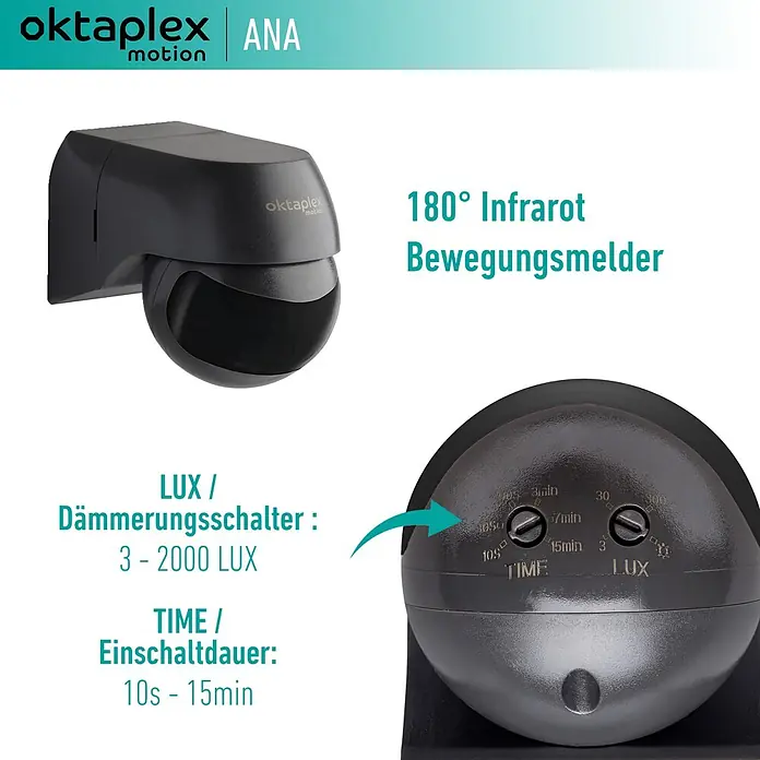 Oktaplex Motion Bewegungsmelder Ana - Reichweite Sensor: 10 m, Schwarz, Erfassungswinkel Sensor: 180 °, L x B x H: 80 x 55 x 65 mm