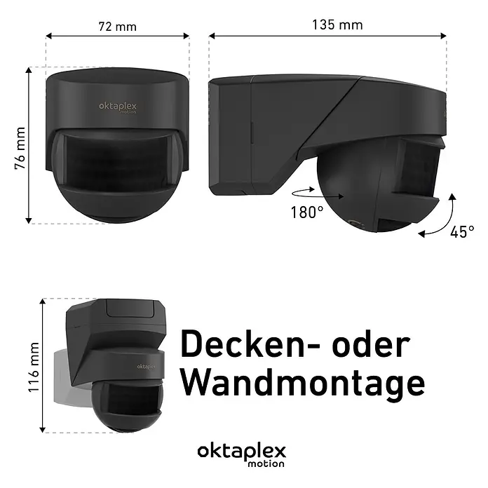Oktaplex Motion Bewegungsmelder Lea - Reichweite Sensor: 12 m, Anthrazit, Erfassungswinkel Sensor: 180 °, L x B x H: 135 x 72 x 76 mm