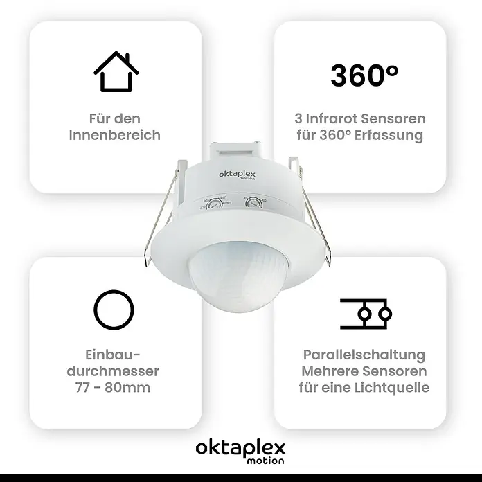 Oktaplex Motion Bewegungsmelder Sam - Reichweite Sensor: 10 m, Weiß, Erfassungswinkel Sensor: 360 °, L x B x H: 100 x 100 x 92 mm