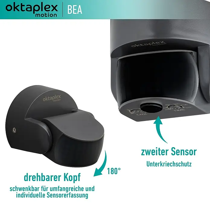 Oktaplex Motion Bewegungsmelder Bea - Reichweite Sensor: 10 m, Schwarz, Erfassungswinkel Sensor: 180 °, L x B x H: 92 x 76 x 64 mm