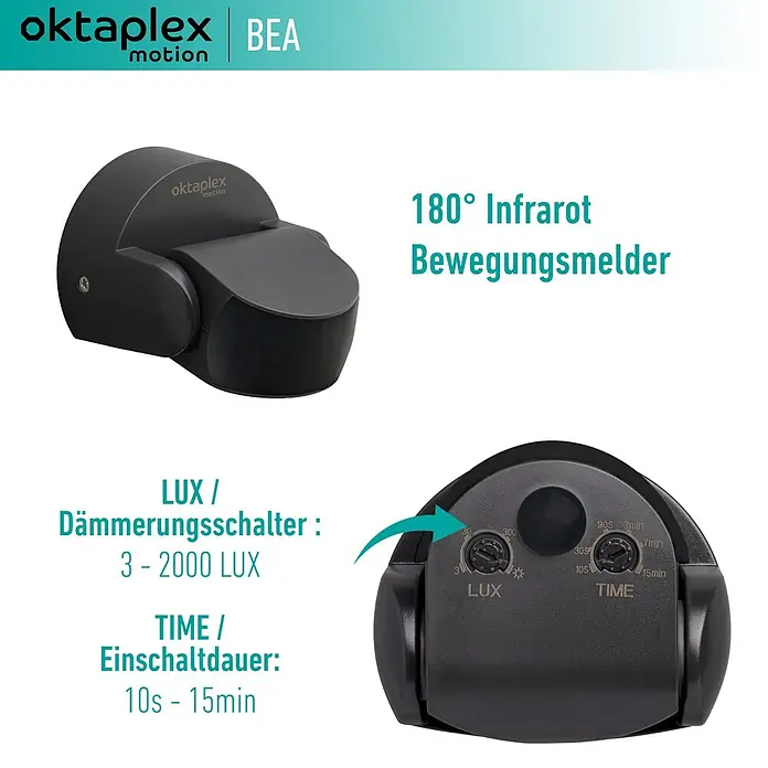 Oktaplex Motion Bewegungsmelder Bea - Reichweite Sensor: 10 m, Schwarz, Erfassungswinkel Sensor: 180 °, L x B x H: 92 x 76 x 64 mm