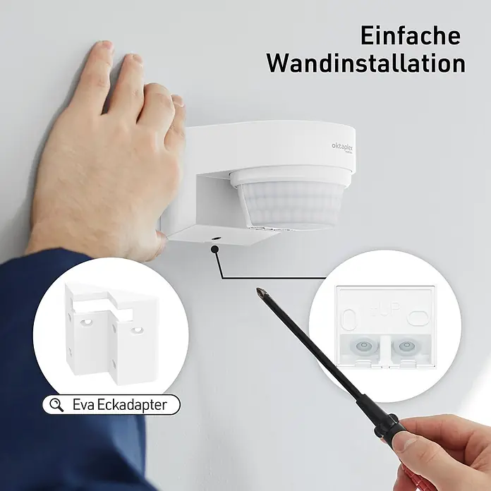 Oktaplex Lighting Bewegungsmelder Eva - Reichweite Sensor: 14 m, Weiß, Erfassungswinkel Sensor: 240 °, L x B x H: 100 x 75 x 62 mm