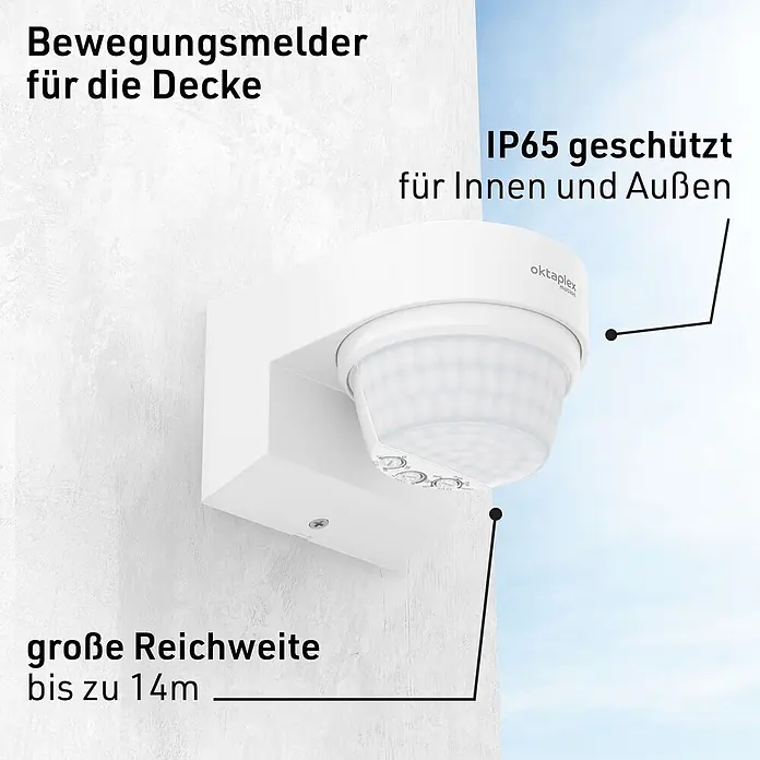 Oktaplex Lighting Bewegungsmelder Eva - Reichweite Sensor: 14 m, Weiß, Erfassungswinkel Sensor: 240 °, L x B x H: 100 x 75 x 62 mm