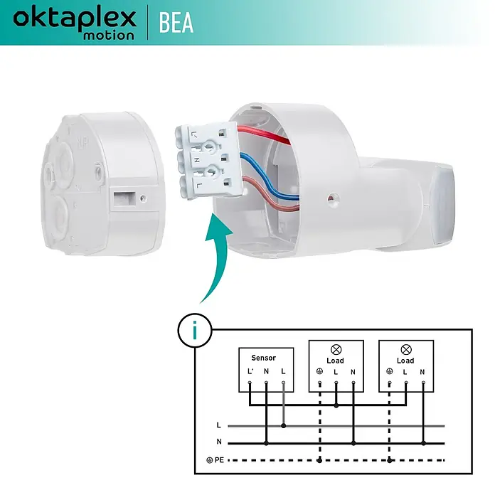 Oktaplex Motion Bewegungsmelder Bea - Reichweite Sensor: 12 m, Weiß, Erfassungswinkel Sensor: 180 °, L x B x H: 92 x 76 x 64 mm