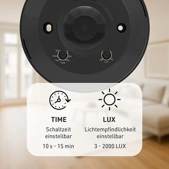 Oktaplex Motion Bewegungsmelder Ina - Reichweite Sensor: 6 m, Schwarz, Erfassungswinkel Sensor: 360 °, L x B x H: 115 x 115 x 24 mm