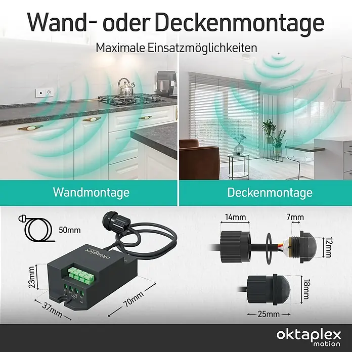 Oktaplex Motion Bewegungsmelder Jana - Reichweite Sensor: 6 m, Schwarz, Erfassungswinkel Sensor: 360 °, L x B x H: 37 x 70 x 24 mm