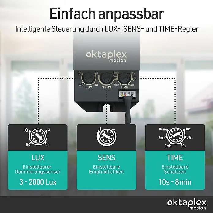 Oktaplex Motion Bewegungsmelder Jana - Reichweite Sensor: 6 m, Schwarz, Erfassungswinkel Sensor: 360 °, L x B x H: 37 x 70 x 24 mm