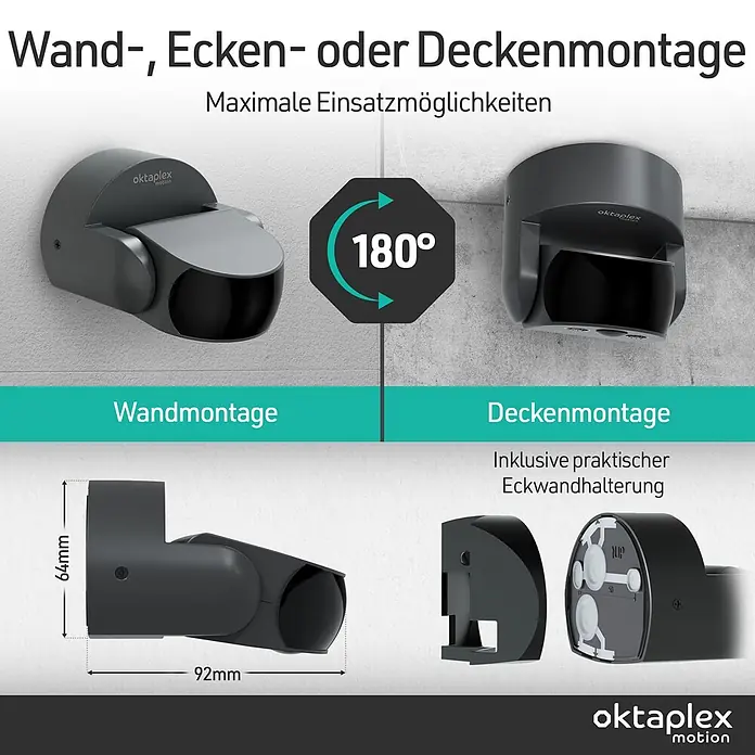 Oktaplex Motion Bewegungsmelder Bea - Reichweite Sensor: 10 m, Schwarz, Erfassungswinkel Sensor: 180 °, L x B x H: 92 x 76 x 64 mm