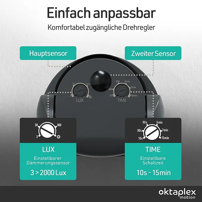 Oktaplex Motion Bewegungsmelder Bea - Reichweite Sensor: 10 m, Schwarz, Erfassungswinkel Sensor: 180 °, L x B x H: 92 x 76 x 64 mm
