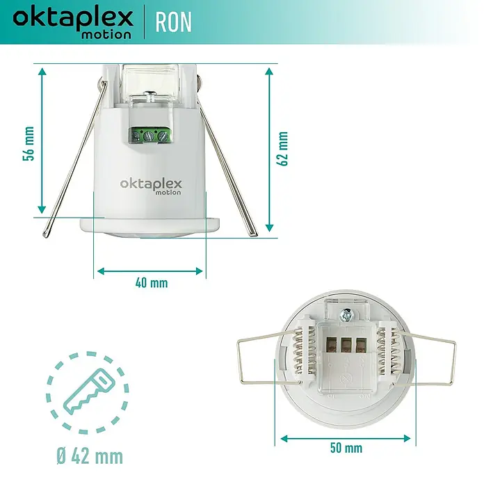 Oktaplex Motion Bewegungsmelder Ron - Reichweite Sensor: 8 m, Weiß, Erfassungswinkel Sensor: 360 °, L x B x H: 50 x 50 x 62 mm