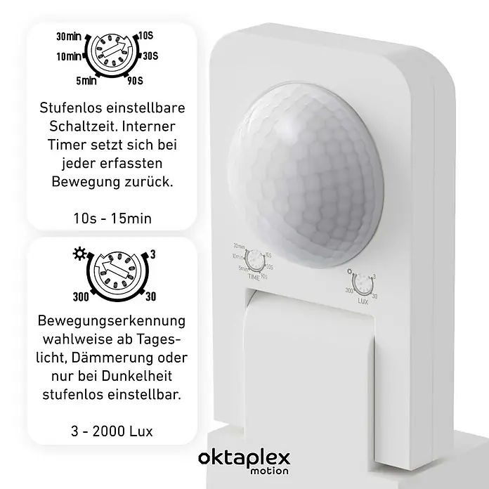 Oktaplex Motion Bewegungsmelder Tea - Reichweite Sensor: 9 m, Weiß, Erfassungswinkel Sensor: 360 °, L x B x H: 174 x 87 x 66 mm