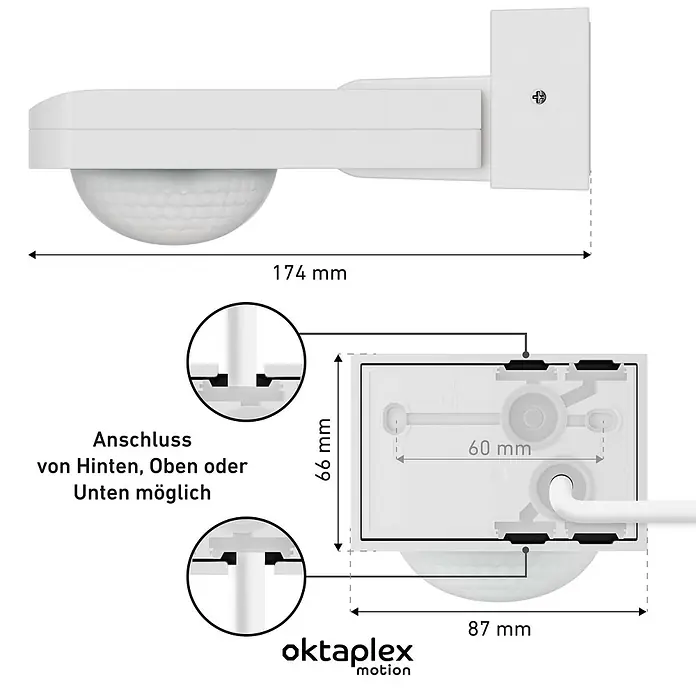 Oktaplex Motion Bewegungsmelder Tea - Reichweite Sensor: 9 m, Weiß, Erfassungswinkel Sensor: 360 °, L x B x H: 174 x 87 x 66 mm