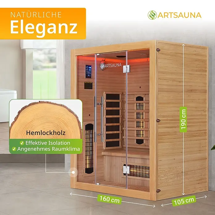 Artsauna Elementsauna - L x B x H: 105 x 160 x 190 cm - Helle Hemlockholz-Infrarotsauna mit Glastür, 190x160x105 cm groß, Marke ARTSAUNA.
