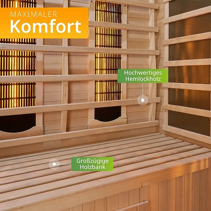 Artsauna Elementsauna - L x B x H: 105 x 160 x 190 cm - Innenansicht einer modernen Sauna aus hellem Hemlockholz mit warmen Lichtpaneelen und einer großzügigen Holzbank für maximalen Komfort.